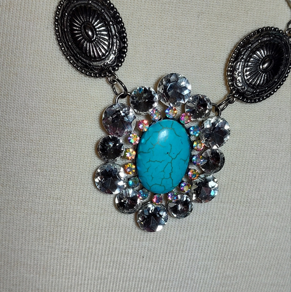 Turquoise and Silver Statement Necklace Accent Crystal Bling NWOT - Picture 2 of 3